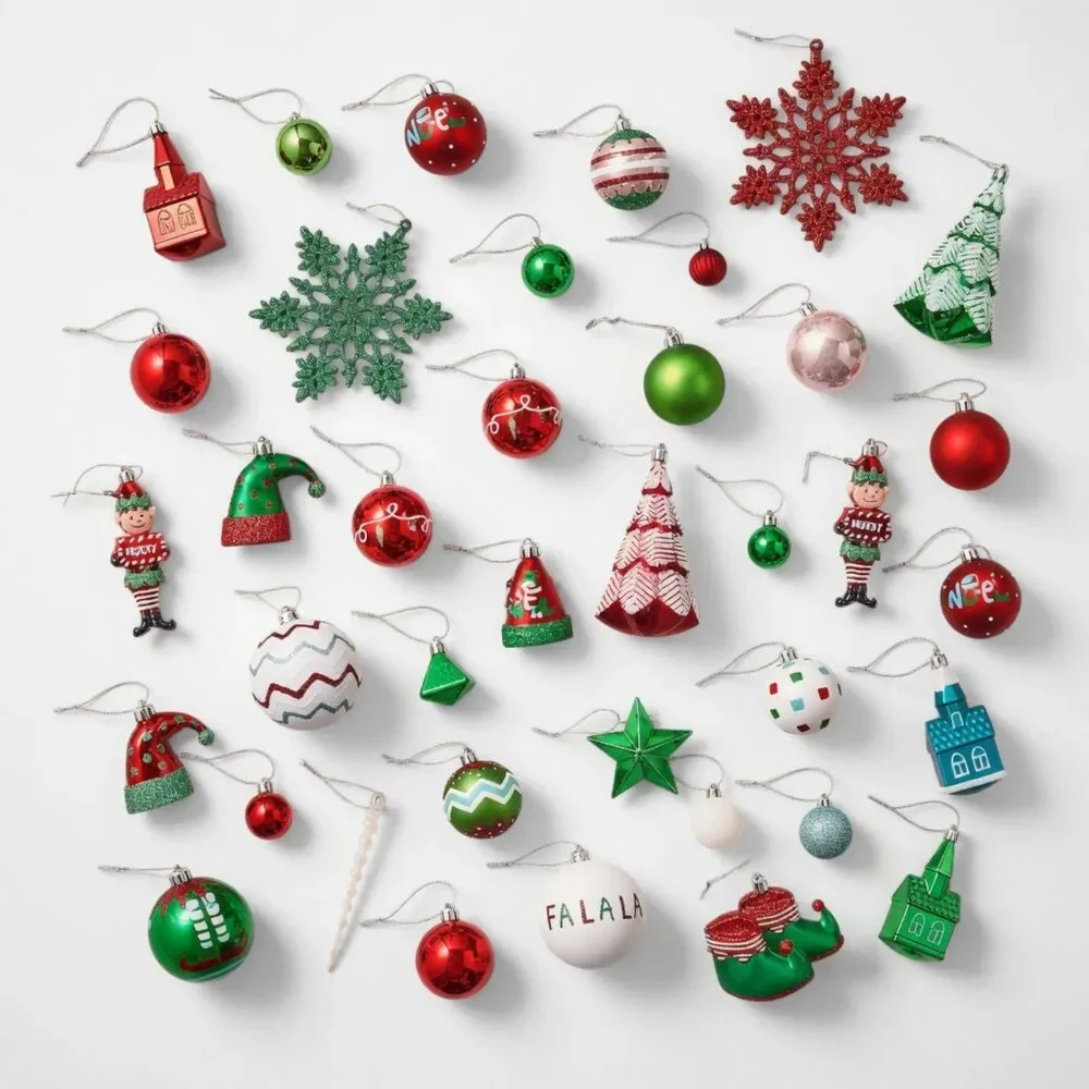 DecorbyHannah 120ct Christmas Tree Elf Red Green White Shatterproof Ornament Set